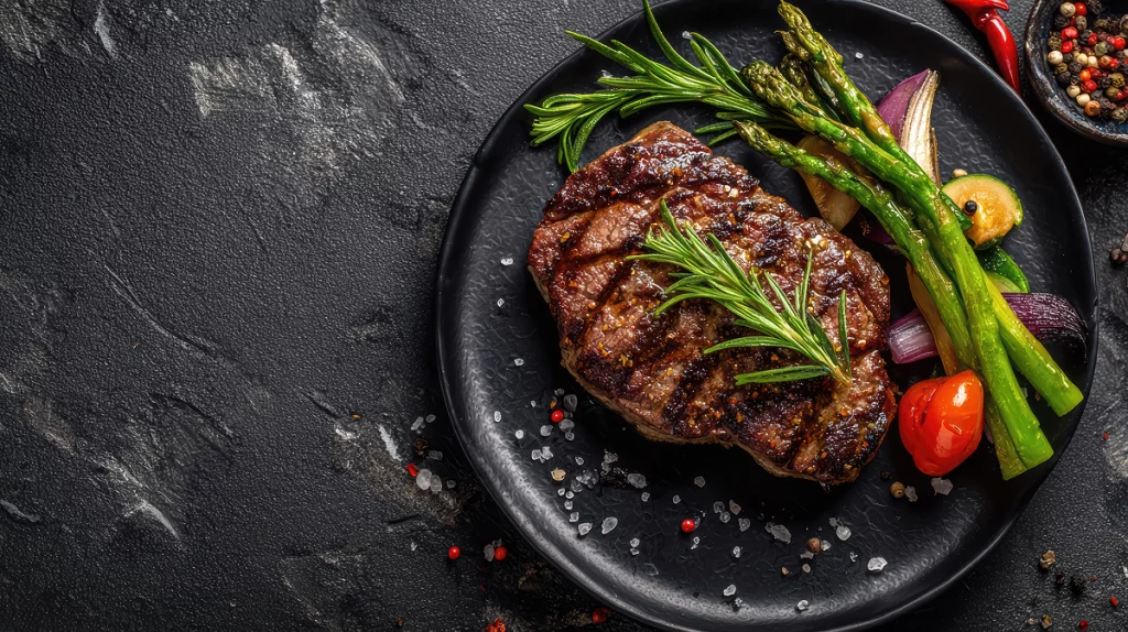 Steak de bœuf grillé avec asperges, légumes rôtis et romarin