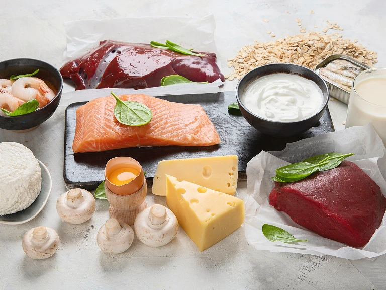 Aliments riches en protéines : saumon, viande, fromage, yaourt, œufs et crevettes