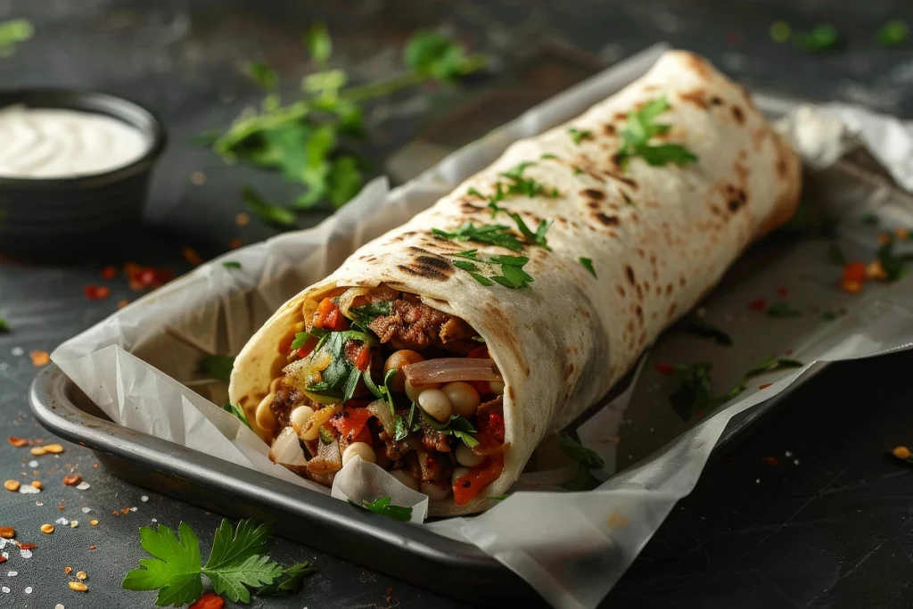Wrap garni de bœuf, haricots, légumes et herbes servi sur plateau.