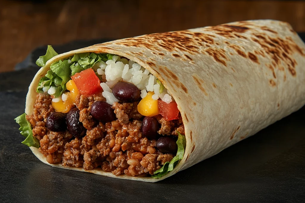 Burrito garni de bœuf haché, riz, haricots rouges et légumes.
