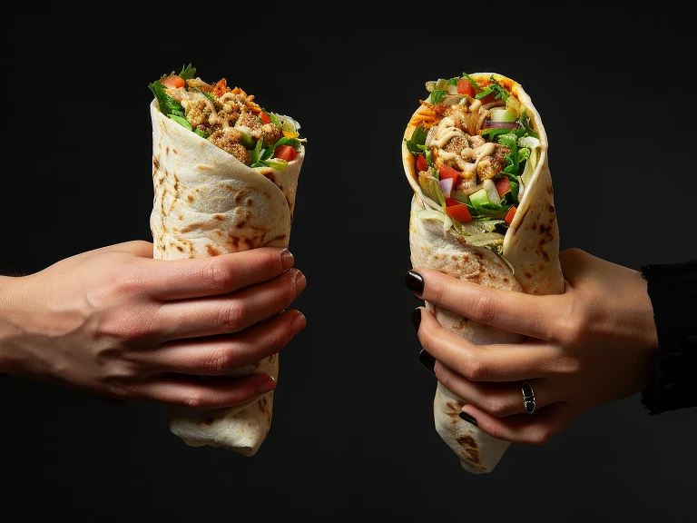Deux burritos garnis de viande et légumes tenus en main sur fond noir.